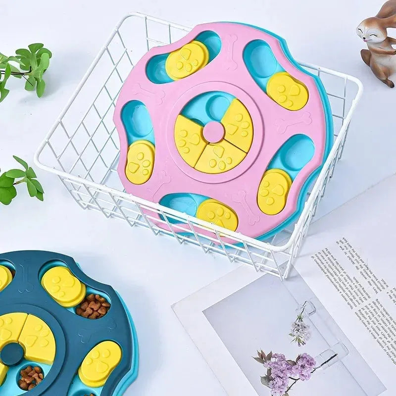 Blue and pink interactive dog puzzle feeder toy for slow eating and mental games