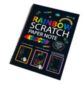 Large colourful children's scratch art paper measuring 26 by 19 centimetres with scraping tool.