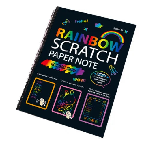Large colourful children's scratch art paper measuring 26 by 19 centimetres with scraping tool.