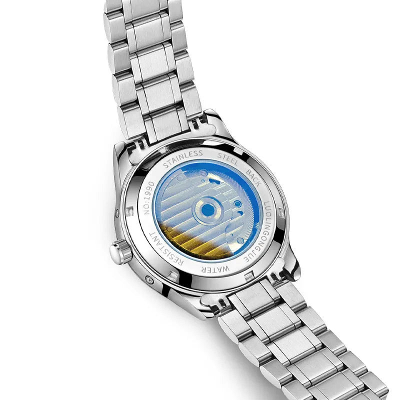 Men's stainless steel mechanical business watch with hollow movement visible through transparent case back