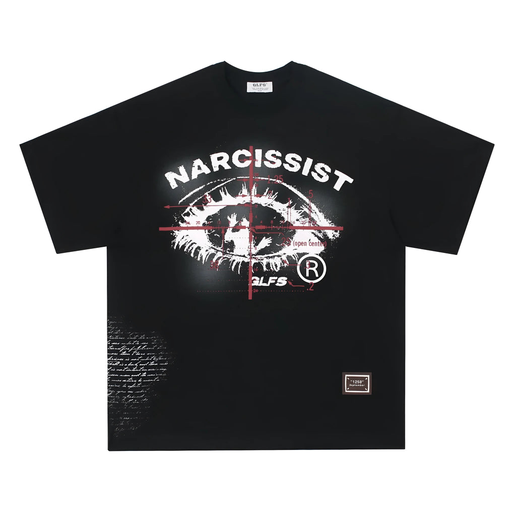 Black and white American retro hip hop gothic letter print cotton T-shirt on a hanger.