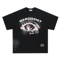 Black and white American retro hip hop gothic letter print cotton T-shirt on a hanger.