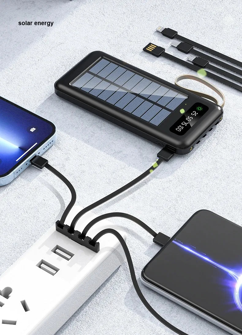 Solar power bank in black or white with capacity display showing 20000mAh or 30000mAh options
