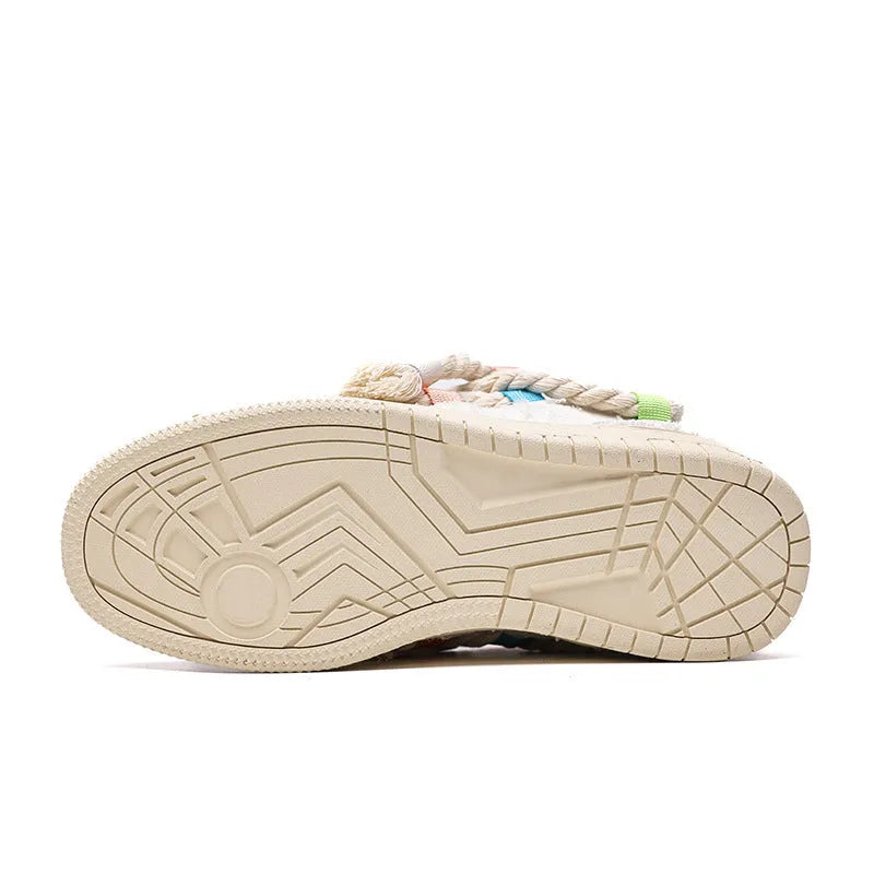 Creamy white retro skate shoes with old damage lace design and low-top construction