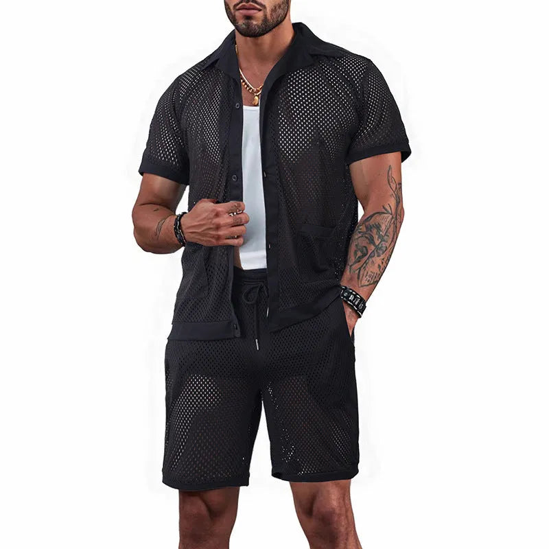 Hawaiian-style beach co-ord set with a white mesh dress over a light grey cardigan and shorts on a mannequin.