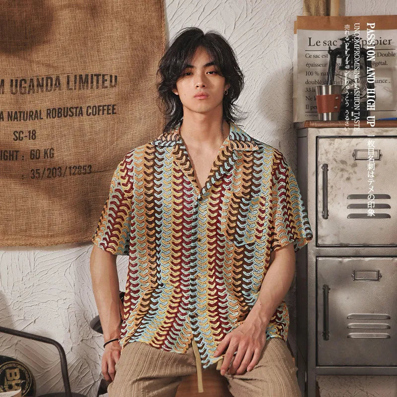 Grey Japanese style Cuban collar short sleeve shirt with jacquard pattern, slim fit.