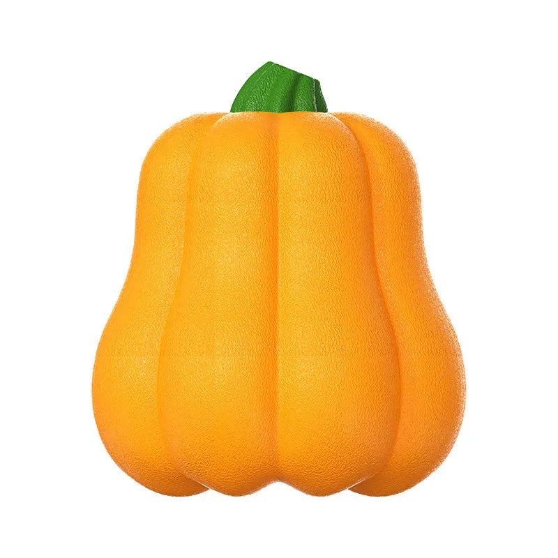 Pumpkin coloured plastic molar dog toy with rope attachment for outdoor throwing