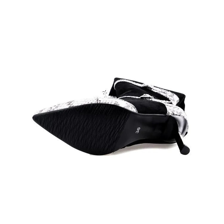 Grey and black women's knee high boots with a thin high heel and velvet lining.