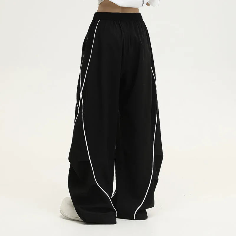 Black striped pleated wide-leg hip hop sports pants in loose fit design