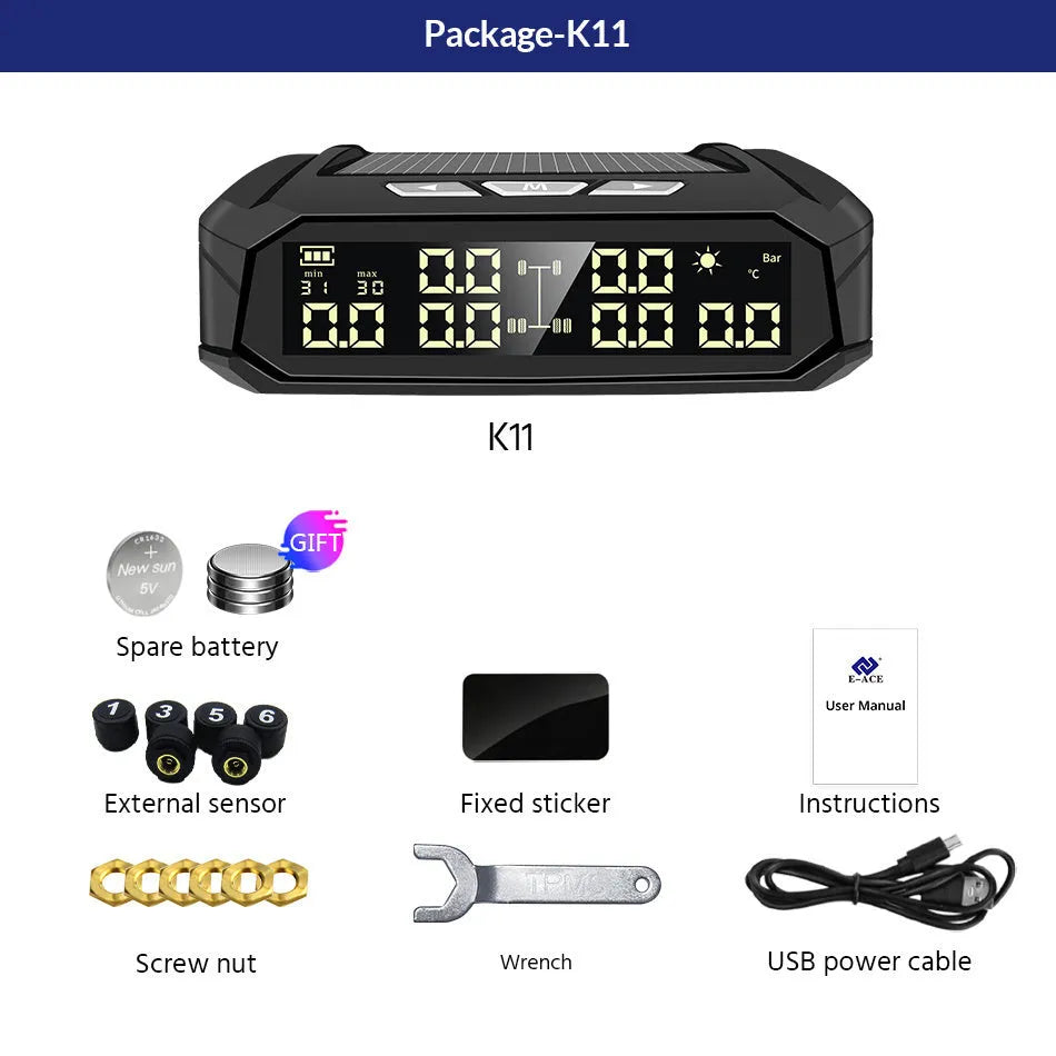 Solar-powered external tyre pressure monitor for six-wheel RVs and trucks with colour display