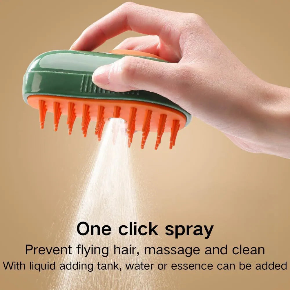 Green and white rechargeable cat steam brush with water spray nozzle and soft silicone teeth.