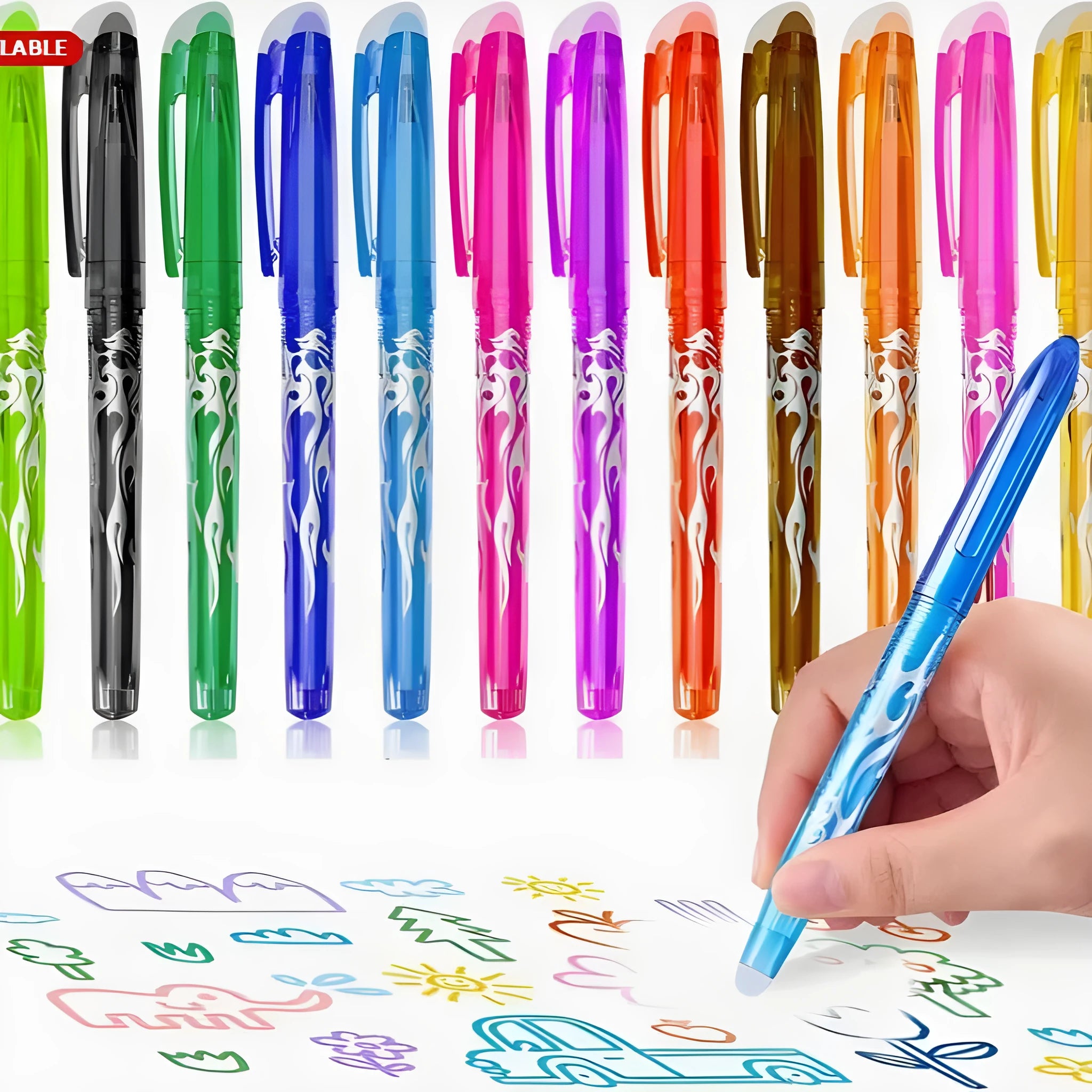 Pack of heat-erasable gel pens with plastic bodies and stainless steel nibs, showing multiple colour options.