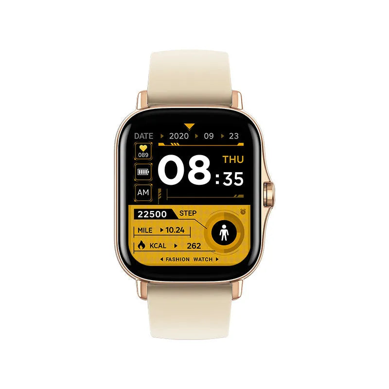 GT20 smartwatch with black alloy case and silicone band showing 1.75-inch touch screen display