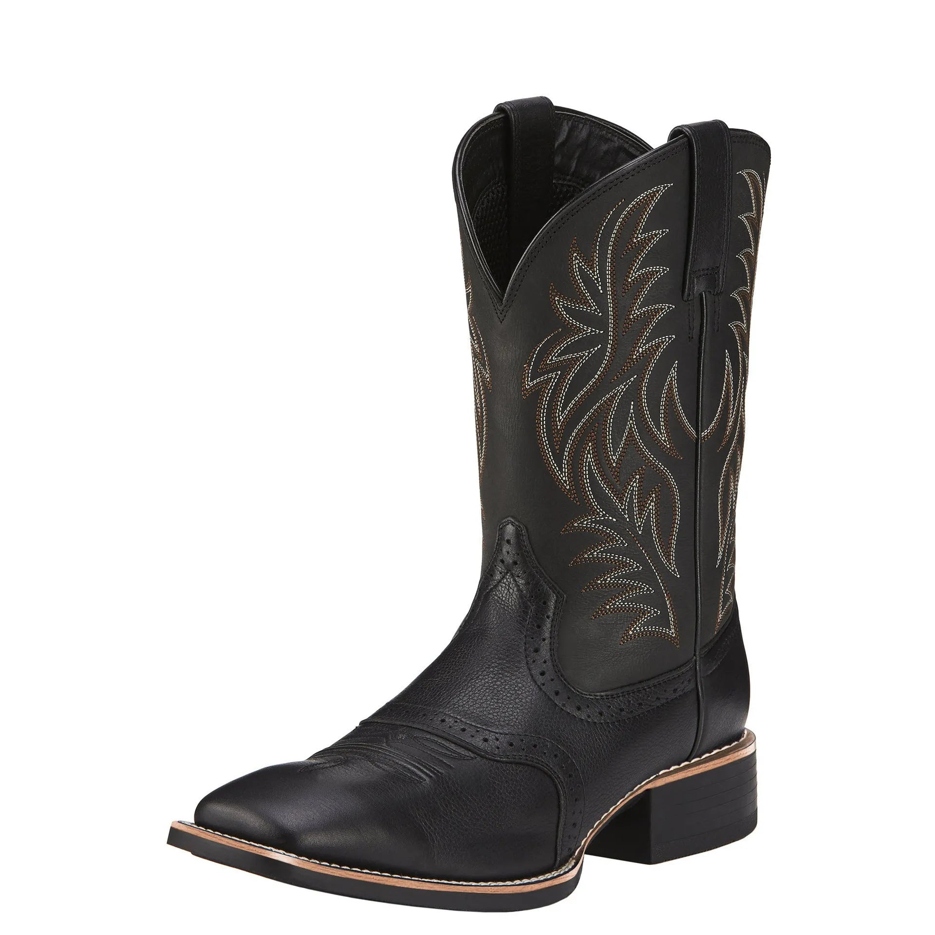 Men's black Western cowboy boots with decorative embroidery stitching, wide square toe, and a high shaft.