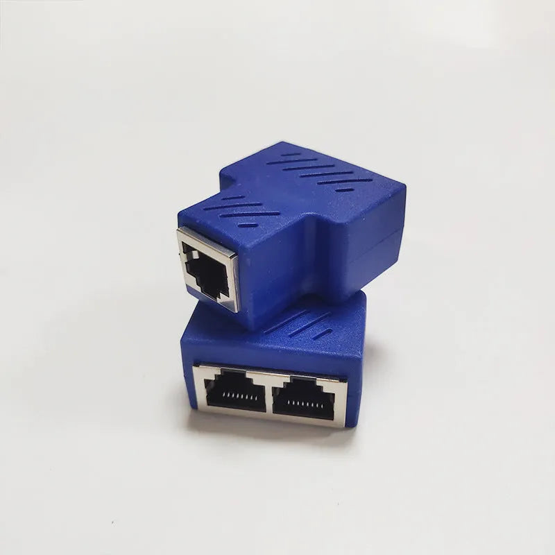 White RJ45 network cable splitter adapter dividing one Ethernet connection into two ports