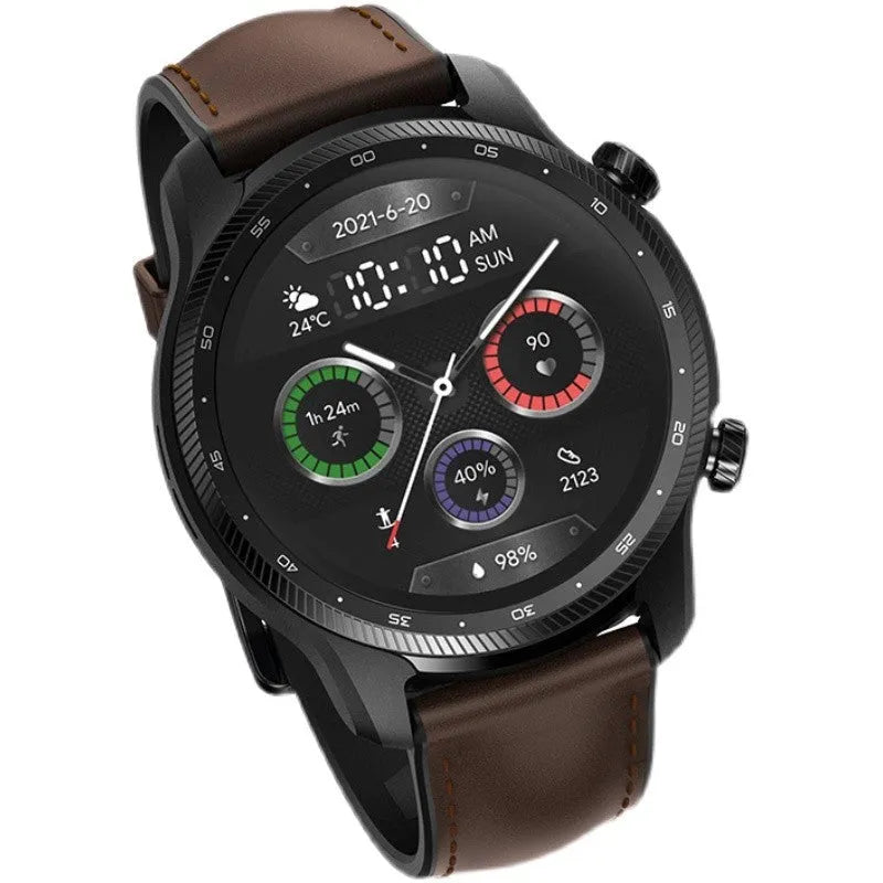 Ticwatch Pro X smartwatch with round display on a wrist, showing 4G connectivity and dual-screen interface.