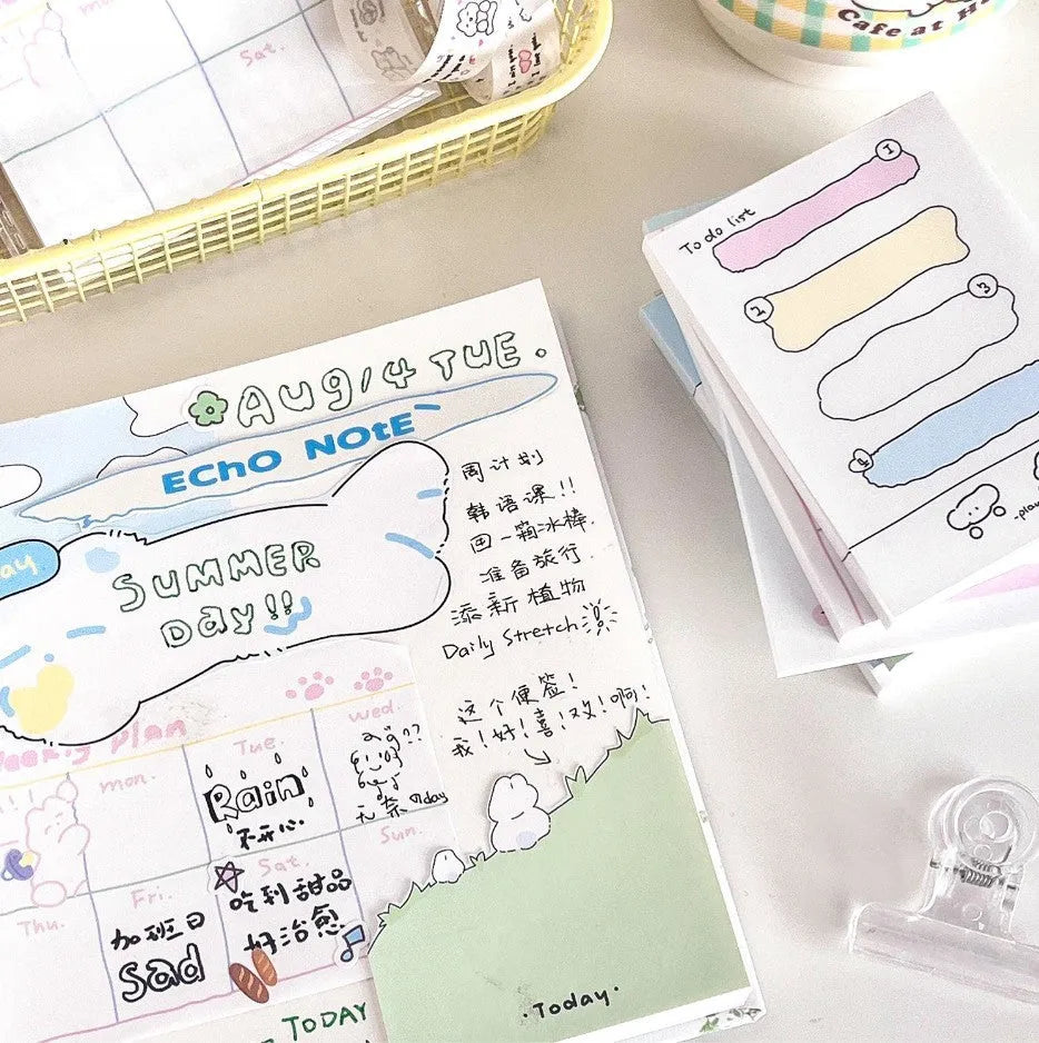 Cartoon hand account collage sticky notes in six styles including Echo Notes and Puppy Diary designs