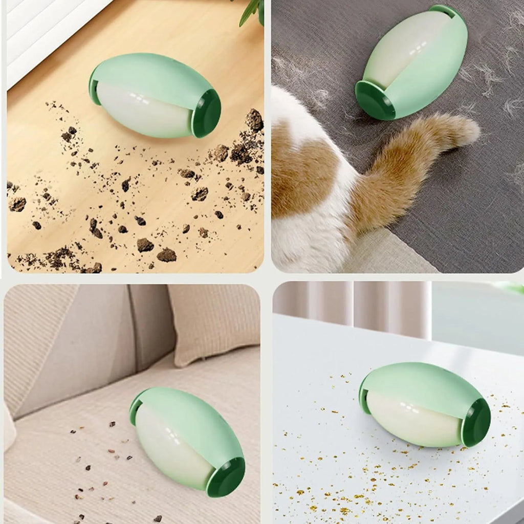 Green and white reusable gel lint roller ball for pet hair removal on fabric.