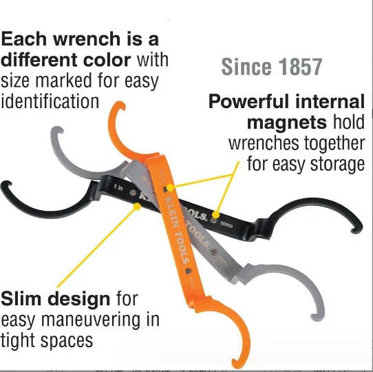 Three wrench set showing orange crescent, grey magnetic suction and black catheter locking designs with H251 model marking