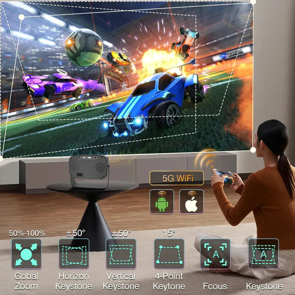 Black HD smart portable projector with remote control for home office use