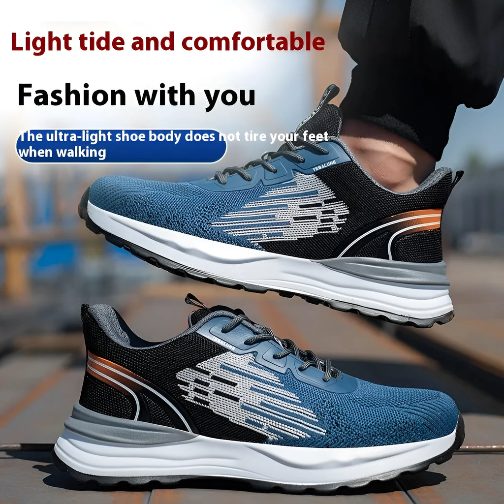 Blue men's safety work shoes with plastic toe cap, mesh upper, and lace closure