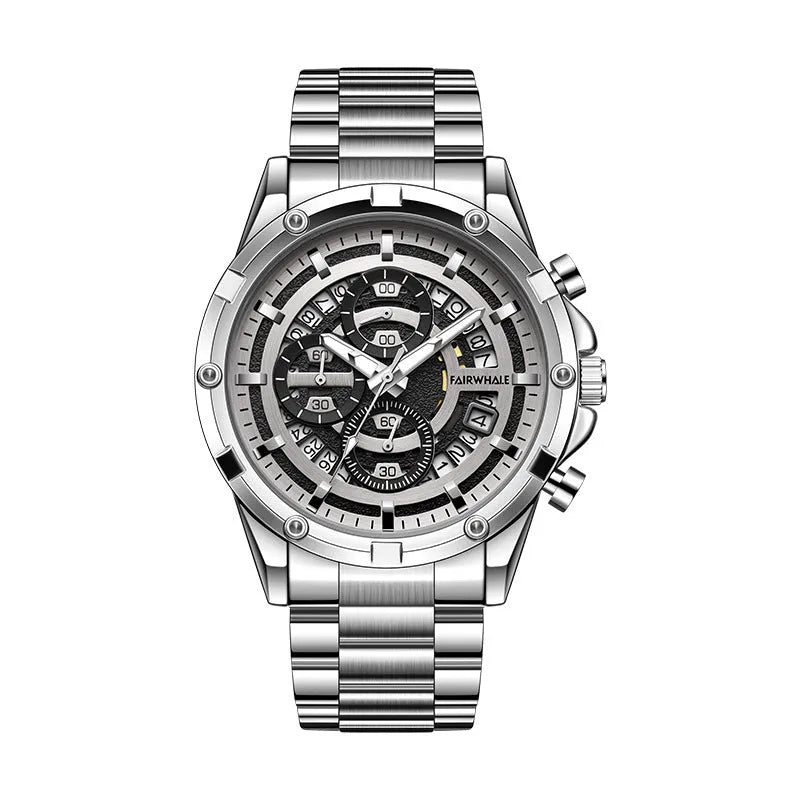 Men's waterproof luminous quartz watch with a steel belt, shown in black, blue, gold, and silver colour options.