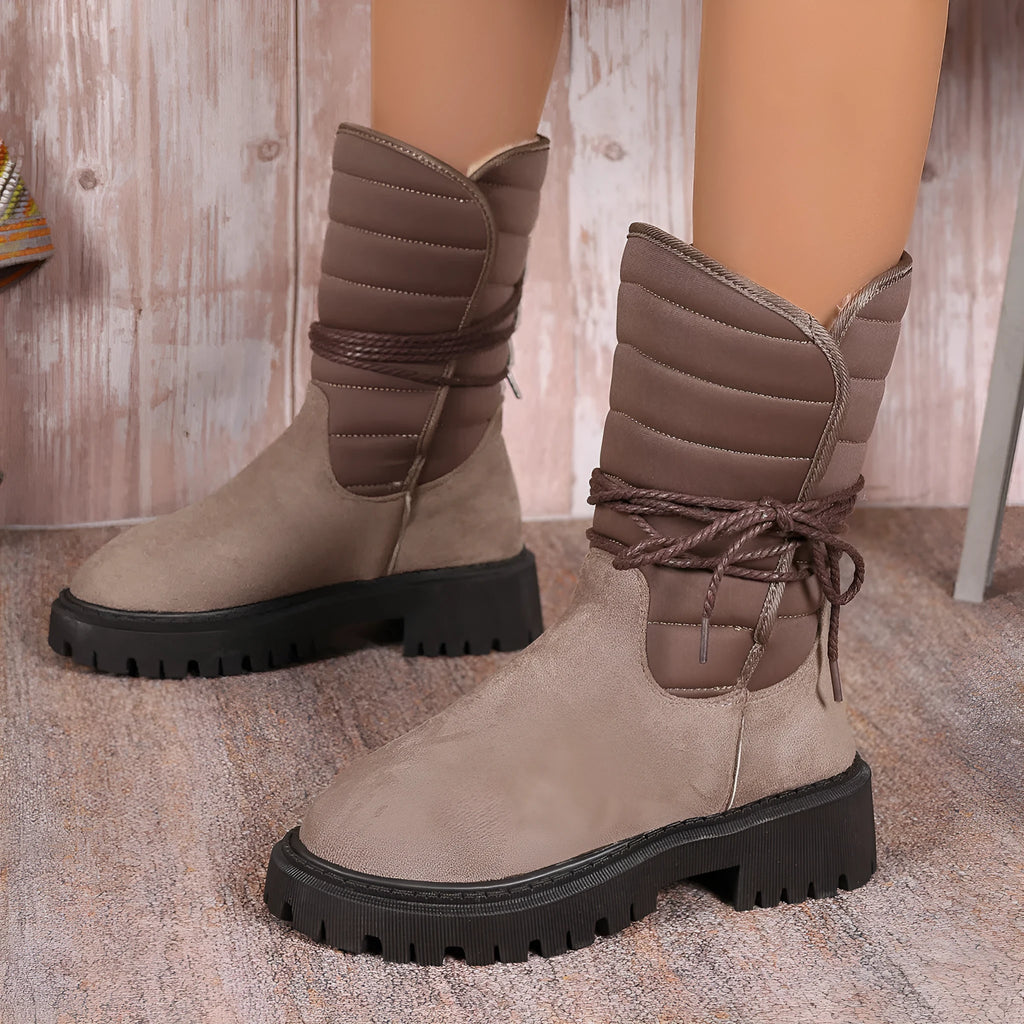 Women's black chunky heel mid-tube snow boots with lace-up design and fleece lining