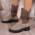 Women's black chunky heel mid-tube snow boots with lace-up design and fleece lining