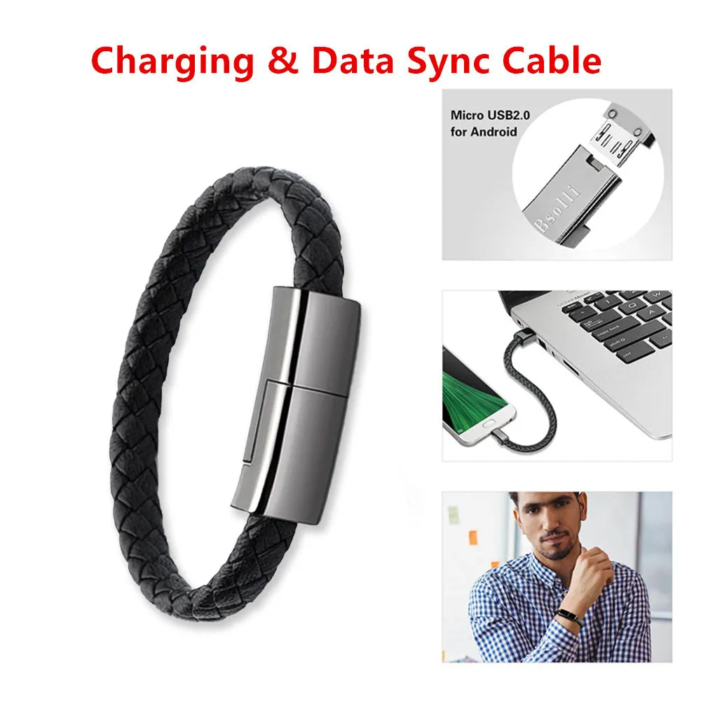 Black braided PU leather bracelet charger USB data cable with zinc alloy joints, 20cm or 22.5cm