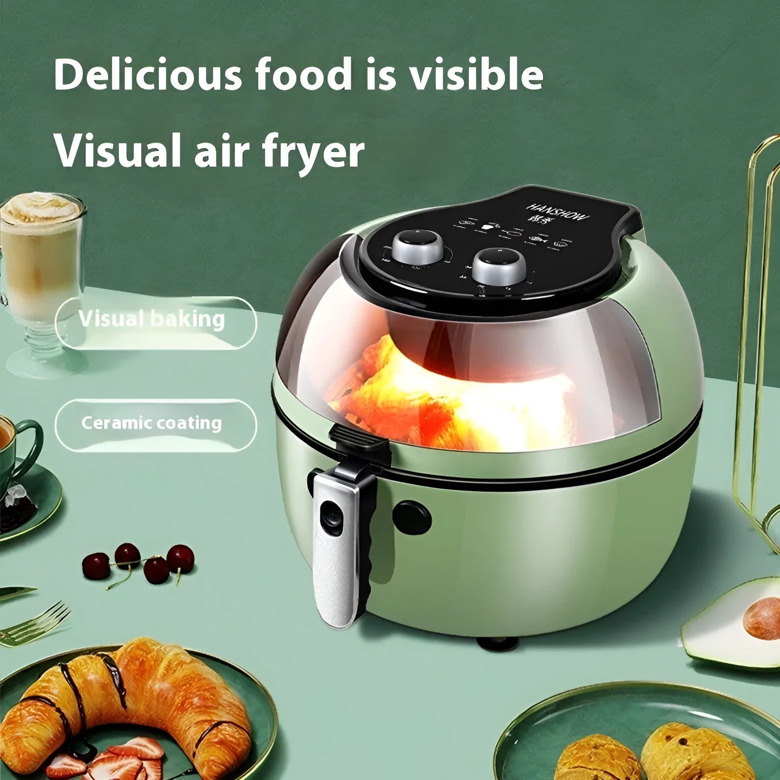 Silver 8-litre air fryer oven with mechanical buttons and a visible viewing window on the front.