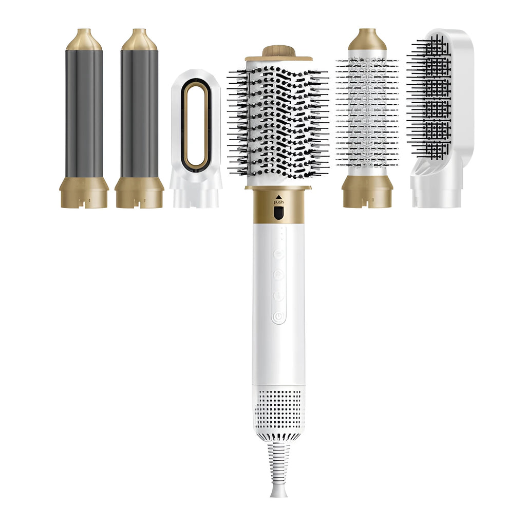 White and dark blue electric hot air styling comb with multiple attachments in leather case