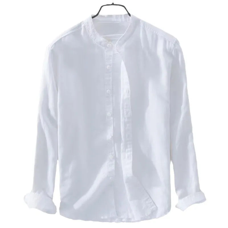 Man wearing a loose fit light blue long sleeve linen casual shirt