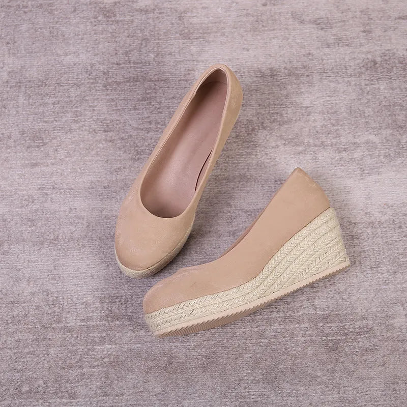 Wedge thick bottom high heel pumps in apricot colour with shallow mouth design