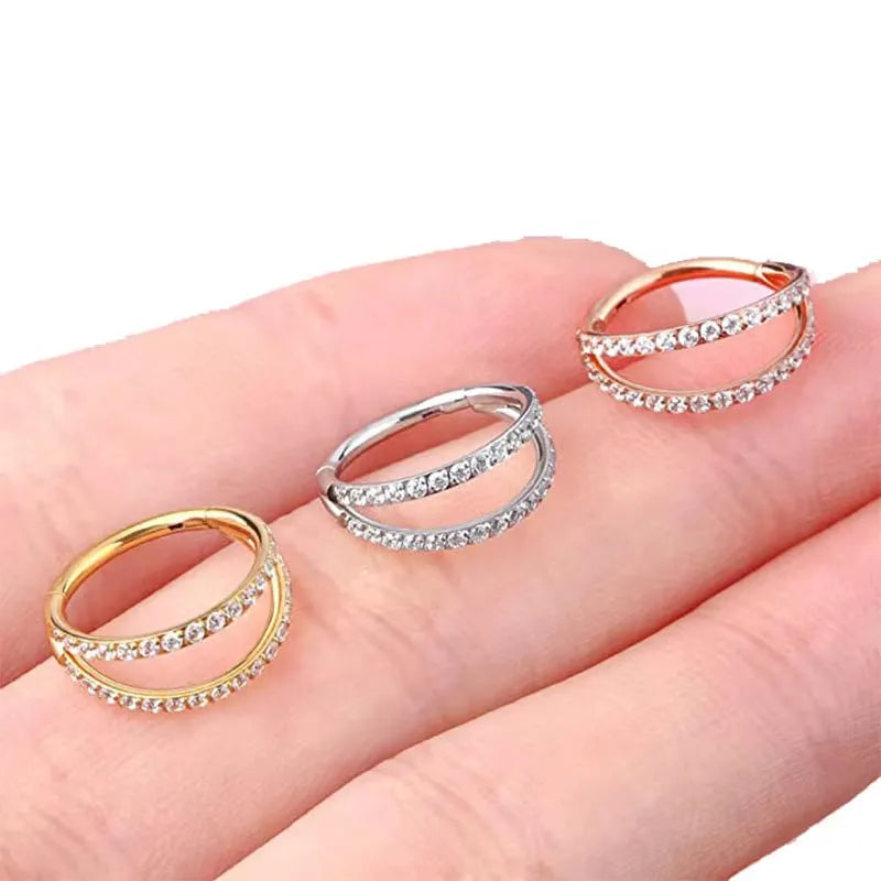 G23 titanium alloy nose ring and earring with zircon crystal treatment in gold or steel colour finish