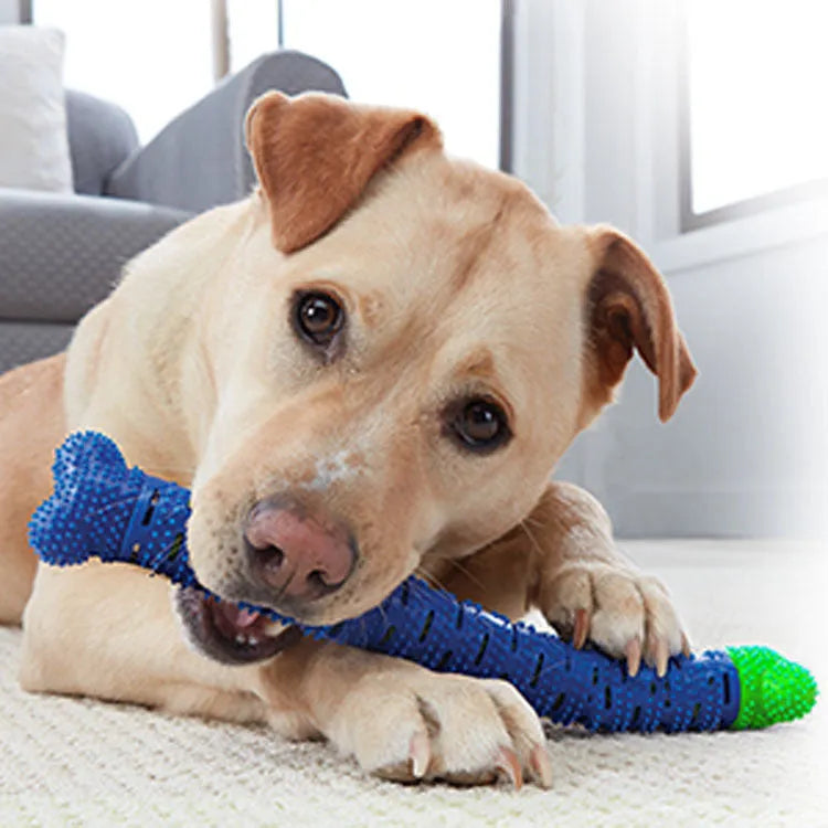 Blue and green dog dental cleaning stick with silicone nodules and serrated brush head design