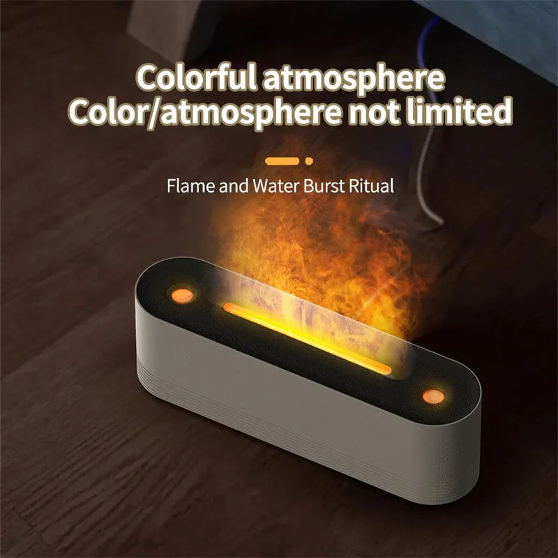 Black and white ultrasonic humidifier with flame LED lights and water mist output