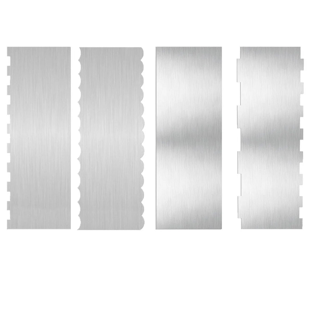 Set of six stainless steel cake scrapers with polygon patterns for professional cake decorating