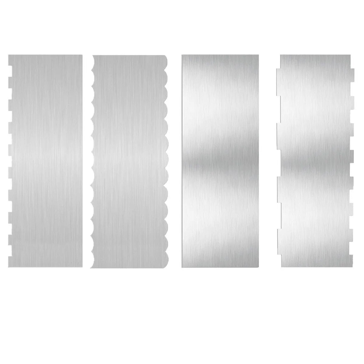 Set of six stainless steel cake scrapers with polygon patterns for professional cake decorating