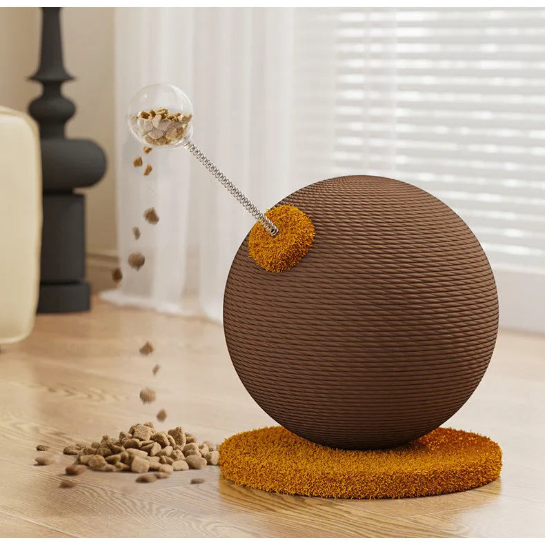 A hemp rope cat scratching board, shown with a choice of cat grasping ball or tumbler accessory.