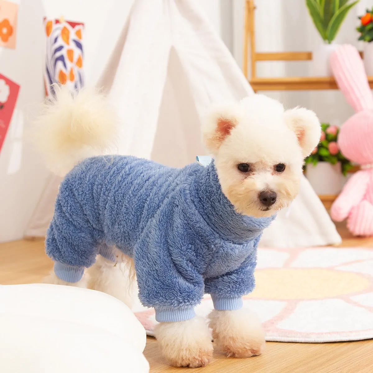 Four-legged thick plush dog clothes with high collar and towing ring in blue colour