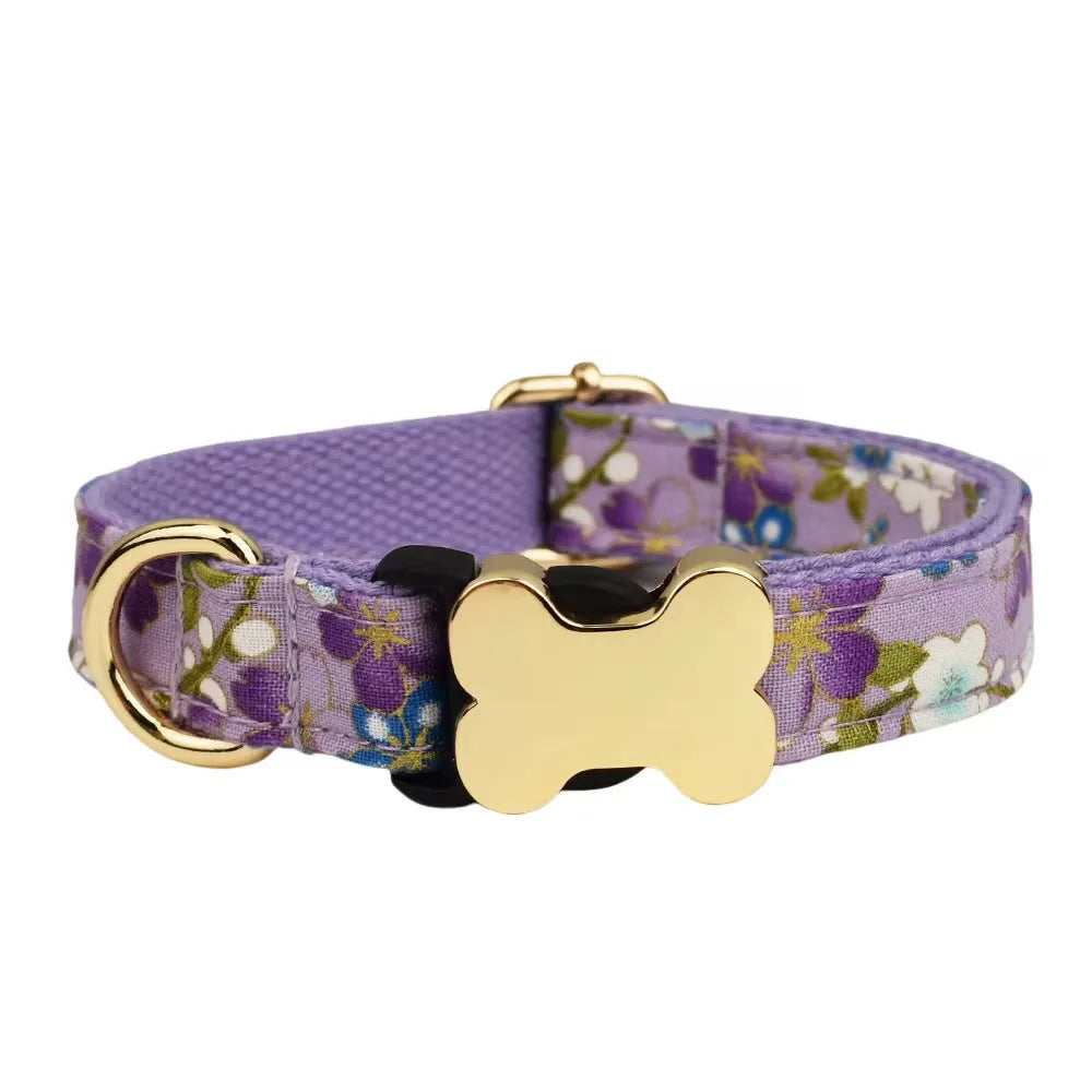Flat fabric dog collar with printed grid pattern and bone-shaped buckle in multiple colour options