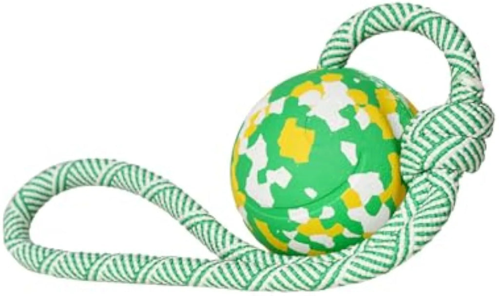 Natural rubber dog ball on a nylon rope for fetch and tug games with a medium dog