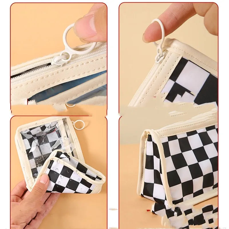 Transparent PVC pencil case with chessboard pattern showing pens inside