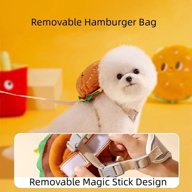 Cartoon hamburger design adjustable vest leash harness for a dog on a walk.