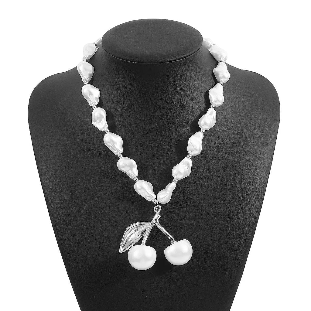 Creative women's necklace with geometric cherry fruit pendant on imitation pearl chain, adjustable 51-60cm length
