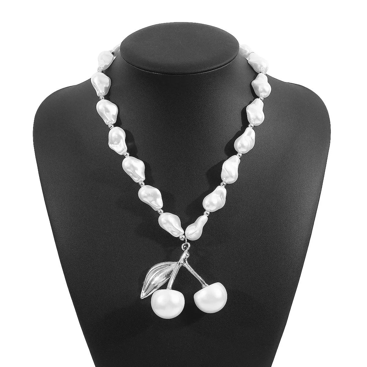 Creative women's necklace with geometric cherry fruit pendant on imitation pearl chain, adjustable 51-60cm length