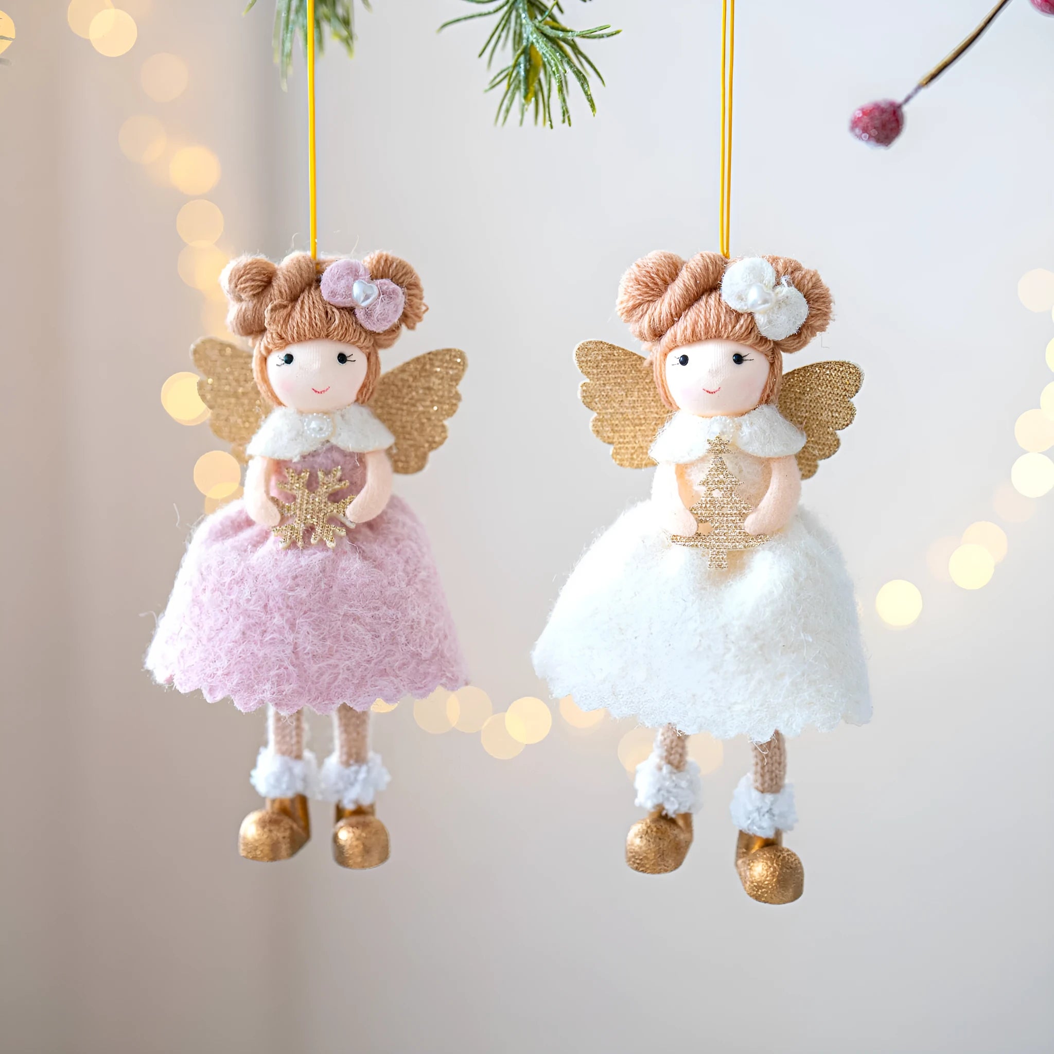 Pink and white Christmas angel wings plush pendant ornament with modern simplicity design