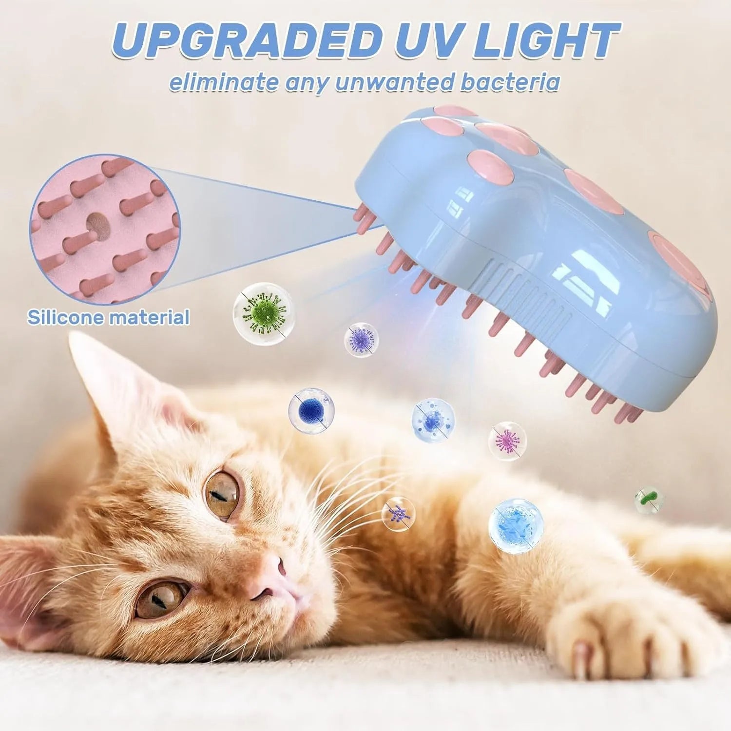Blue self-cleaning cat steam brush with silicone bristles and a water spray function.