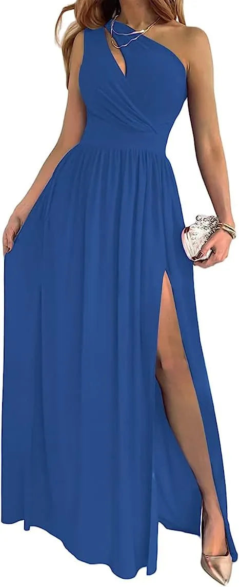 Apricot one-shoulder sleeveless maxi dress with a high split, shown on a model.