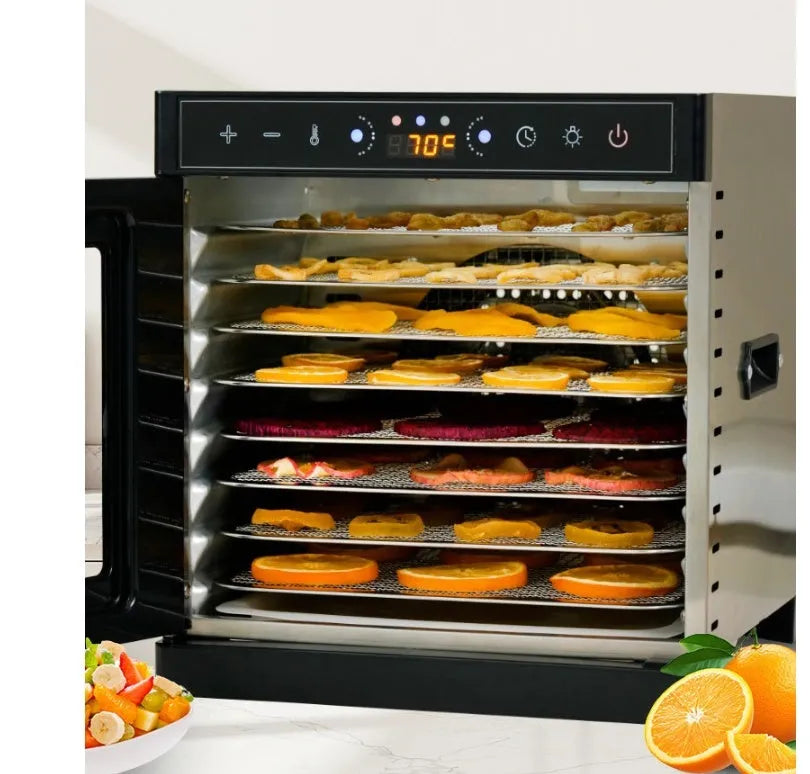 Stainless steel food dehydrator with visual skylight lid, shown with 6 stacking trays.